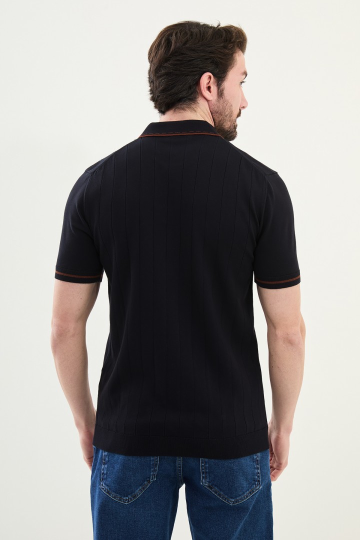 Dark Blue And Tile Color Casual Men's Knit Tshirt