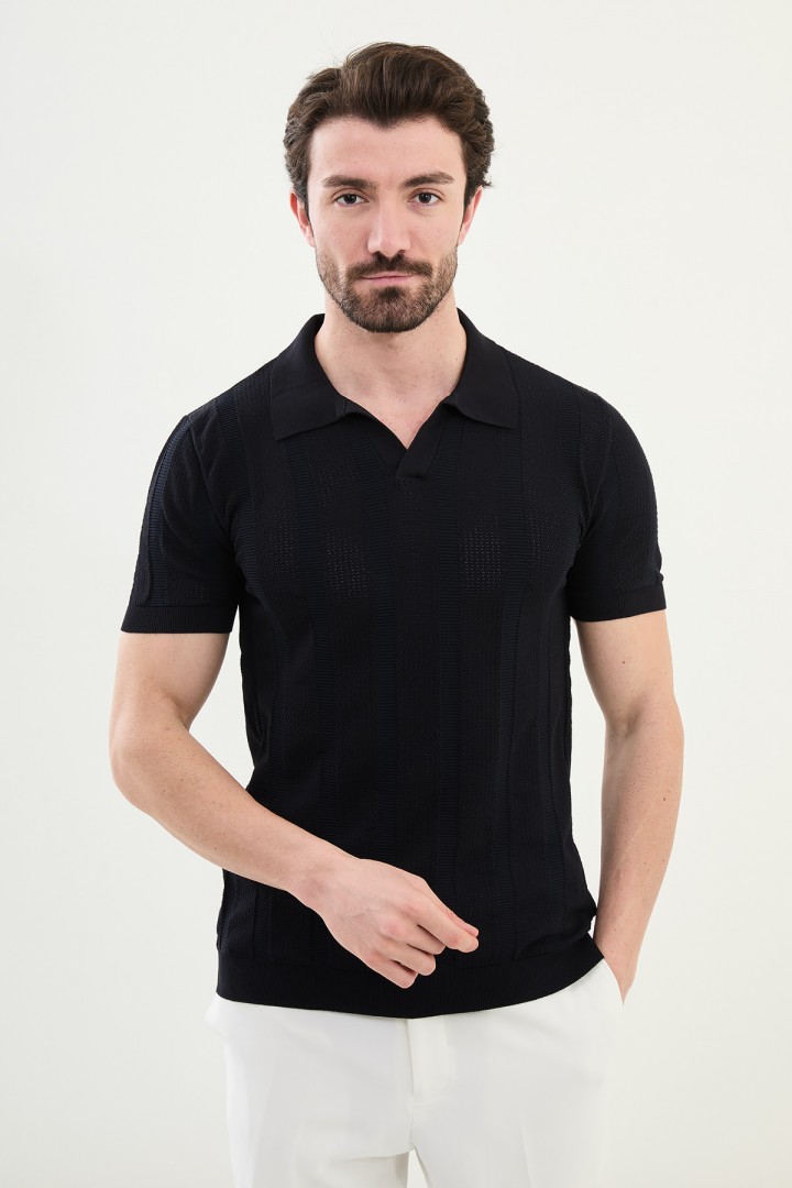 Dark Blue Color Striped Design Casual Men's Knit Tshirt