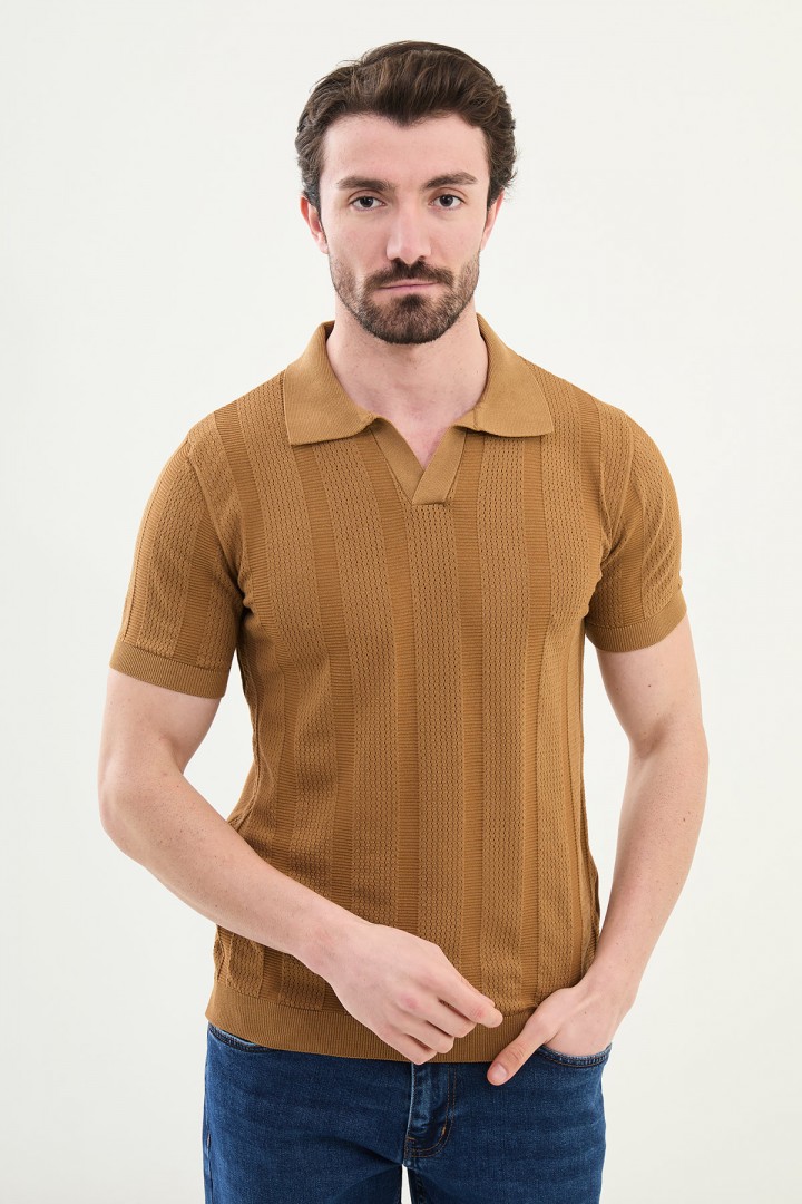 Camel Color Striped Design Casual Men's Knit Tshirt