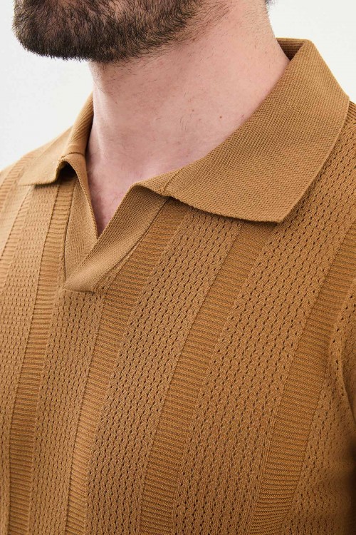 Camel Color Striped Design Casual Men's Knit Tshirt