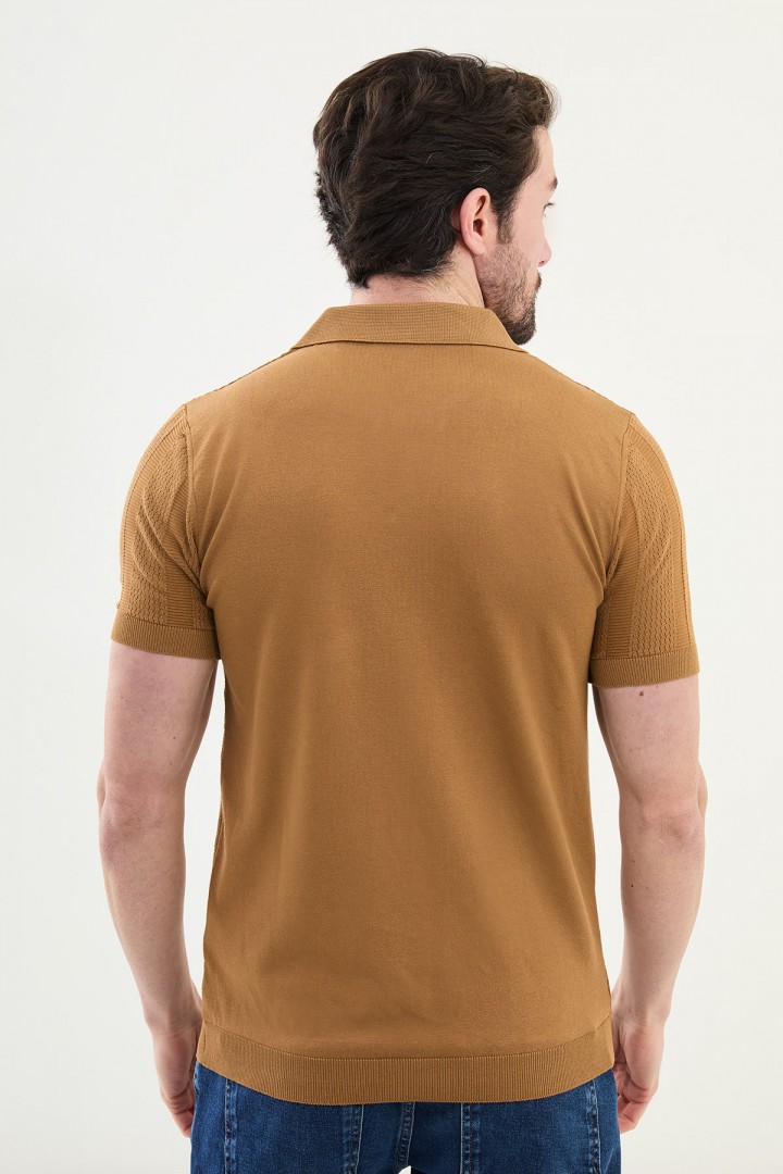 Camel Color Striped Design Casual Men's Knit Tshirt