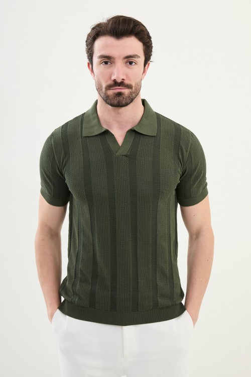 Khaki Color Striped Design Casual Men's Knit Tshirt