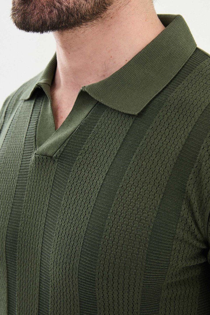 Khaki Color Striped Design Casual Men's Knit Tshirt