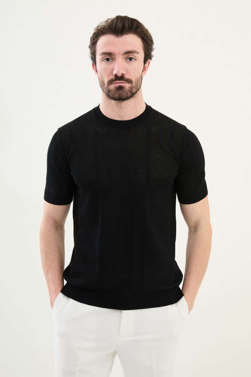 Black Color Figured Design Casual Men's Knit Tshirt