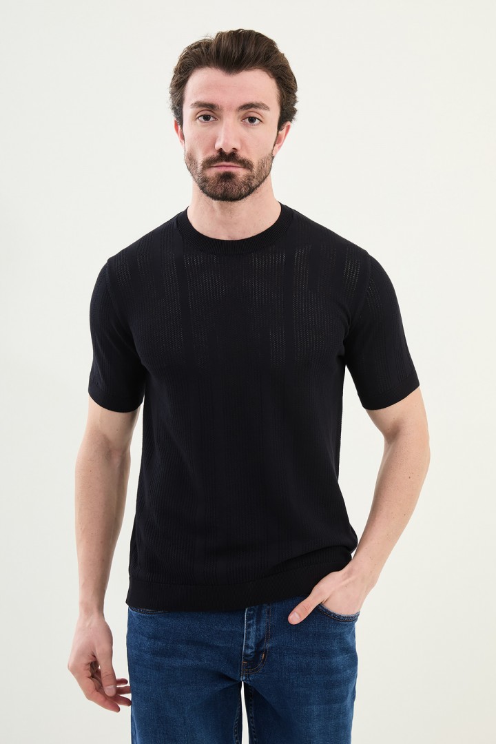 Dark Blue Color Figured Design Casual Men's Knit Tshirt