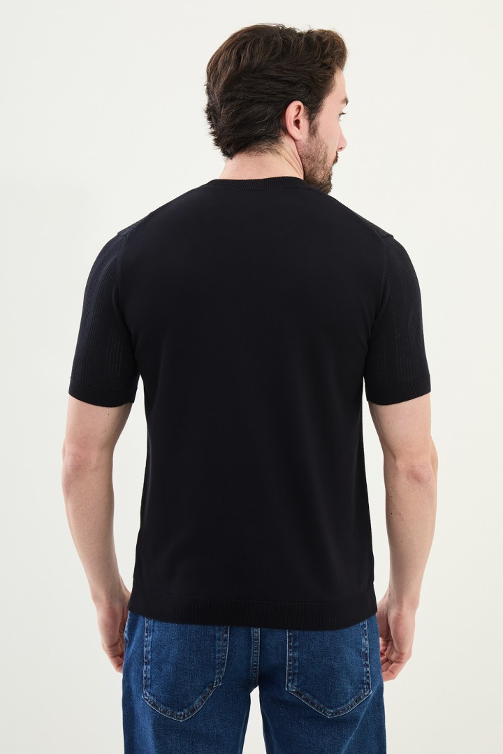 Dark Blue Color Figured Design Casual Men's Knit Tshirt