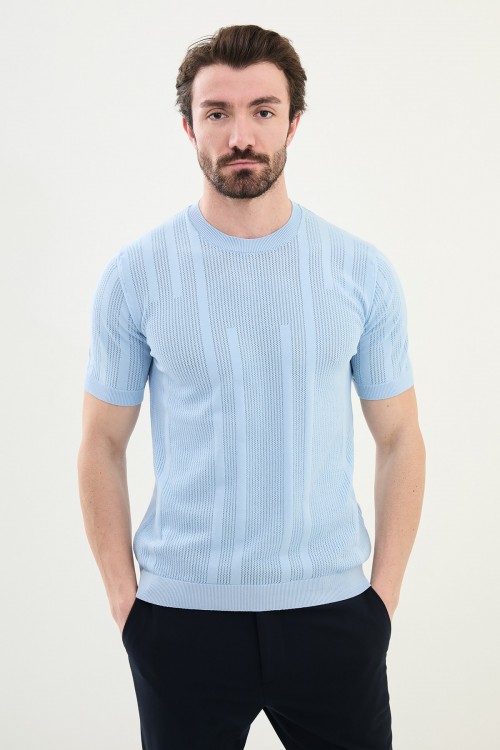 Blue Color Figured Design Casual Men's Knit Tshirt