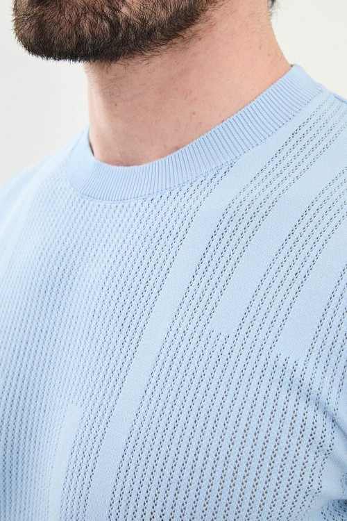 Blue Color Figured Design Casual Men's Knit Tshirt