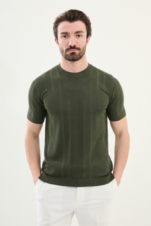 Khaki Color Figured Design Casual Men's Knit Tshirt