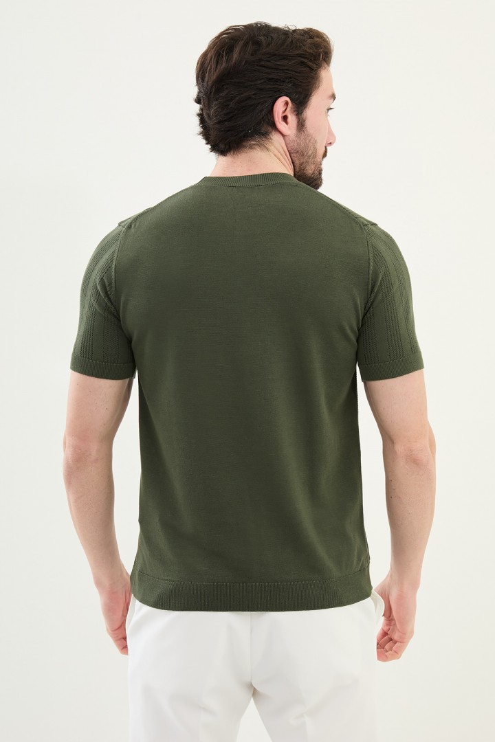 Khaki Color Figured Design Casual Men's Knit Tshirt