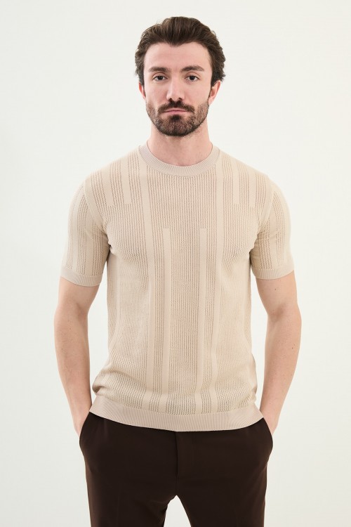 Beige Color Figured Design Casual Men's Knit Tshirt