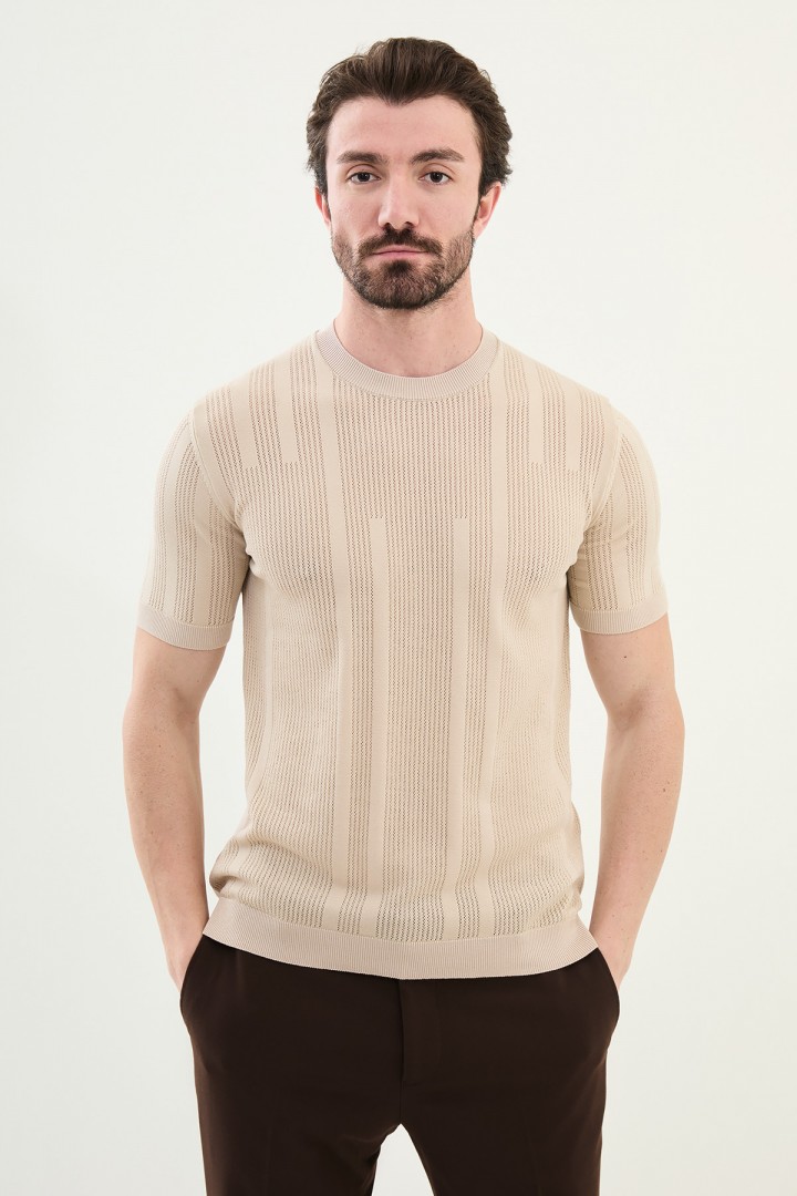 Beige Color Figured Design Casual Men's Knit Tshirt