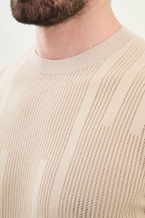Beige Color Figured Design Casual Men's Knit Tshirt