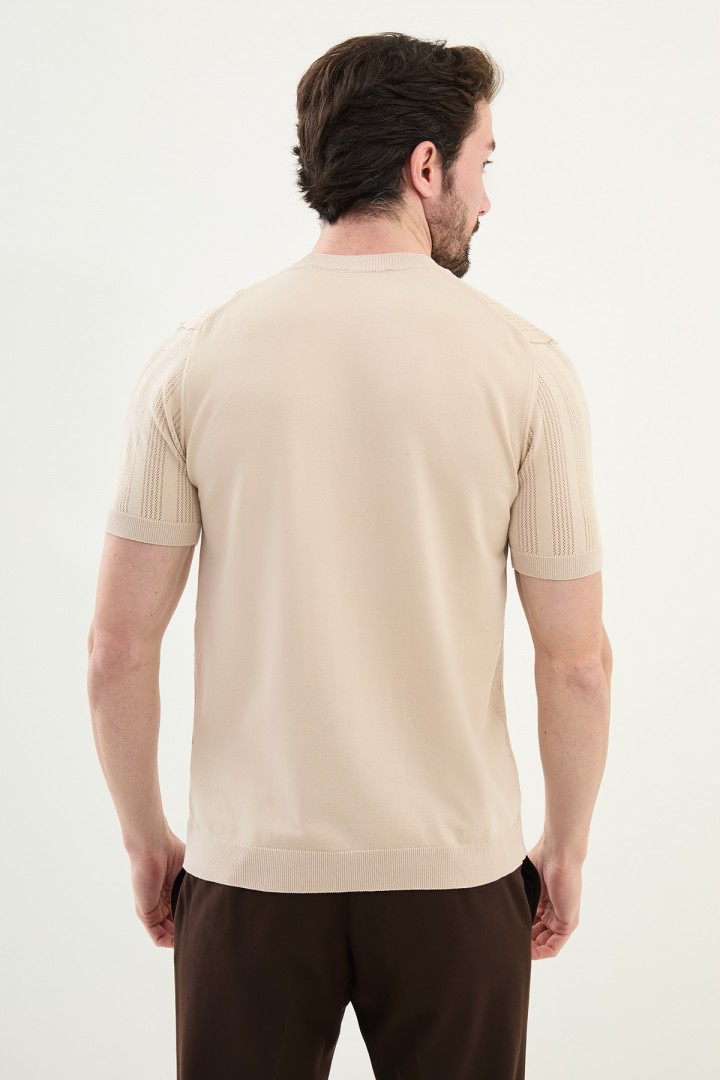 Beige Color Figured Design Casual Men's Knit Tshirt