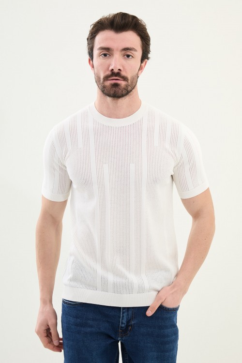 Ecru Color Figured Design Casual Men's Knit Tshirt
