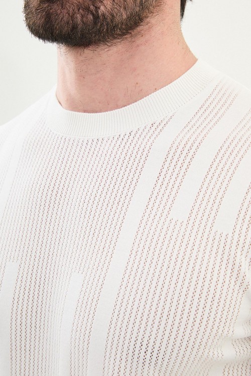 Ecru Color Figured Design Casual Men's Knit Tshirt