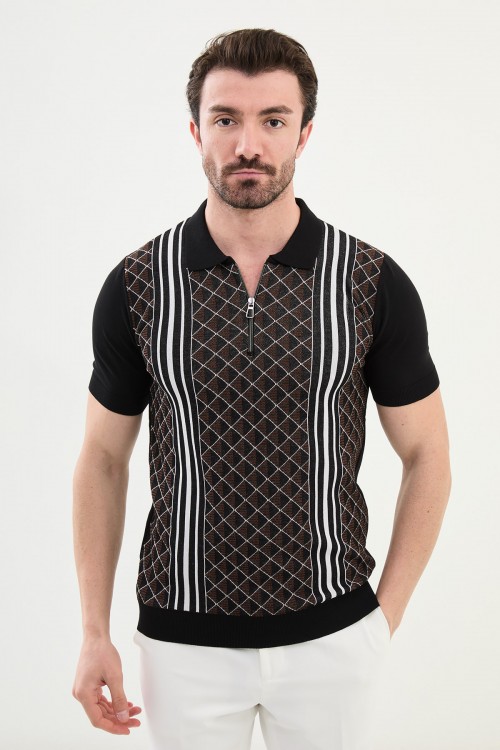 Black Color Figured Design Casual Zippered Knitted Men's T Shirt