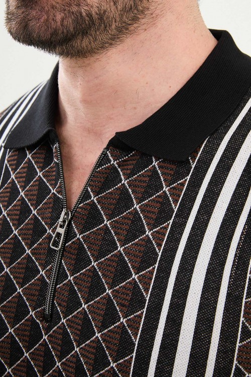 Black Color Figured Design Casual Zippered Knitted Men's T Shirt