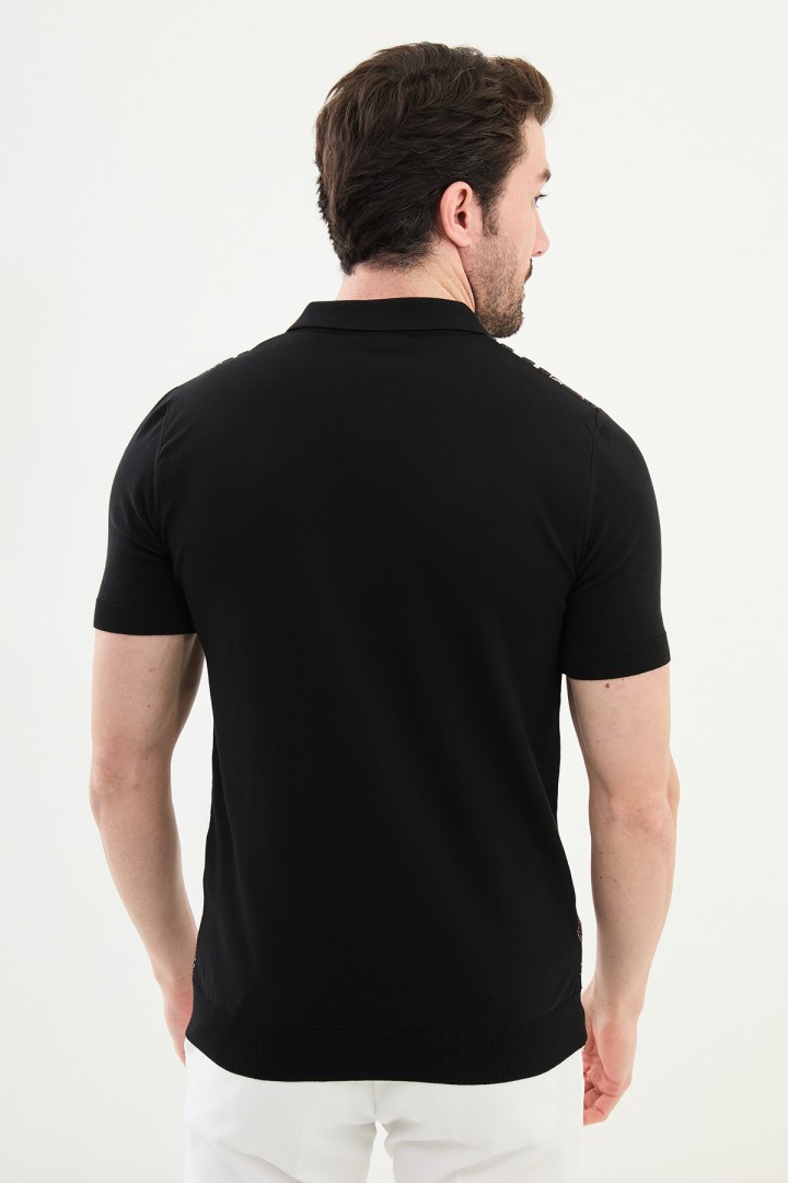 Black Color Figured Design Casual Zippered Knitted Men's T Shirt