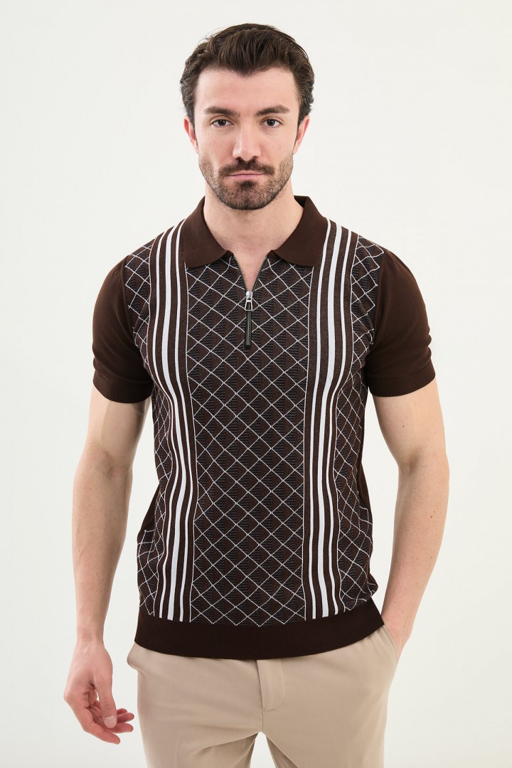 Brown Color Figured Design Casual Zippered Knitted Men's T Shirt