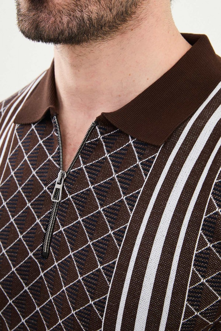 Brown Color Figured Design Casual Zippered Knitted Men's T Shirt