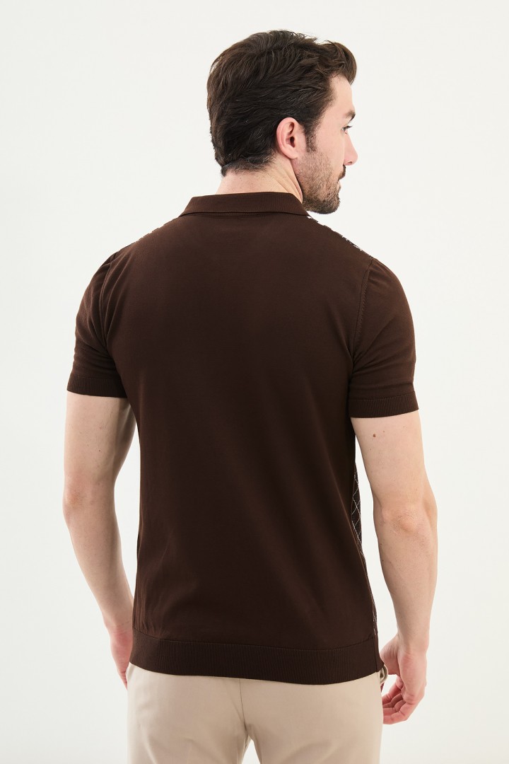 Brown Color Figured Design Casual Zippered Knitted Men's T Shirt