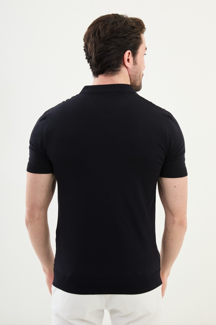 Dark Blue Color Figured Design Casual Zippered Knitted Men's T Shirt