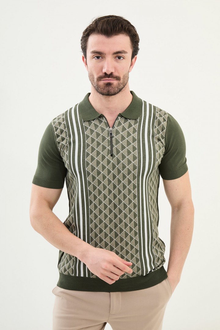 Khaki Color Figured Design Casual Zippered Knitted Men's T Shirt