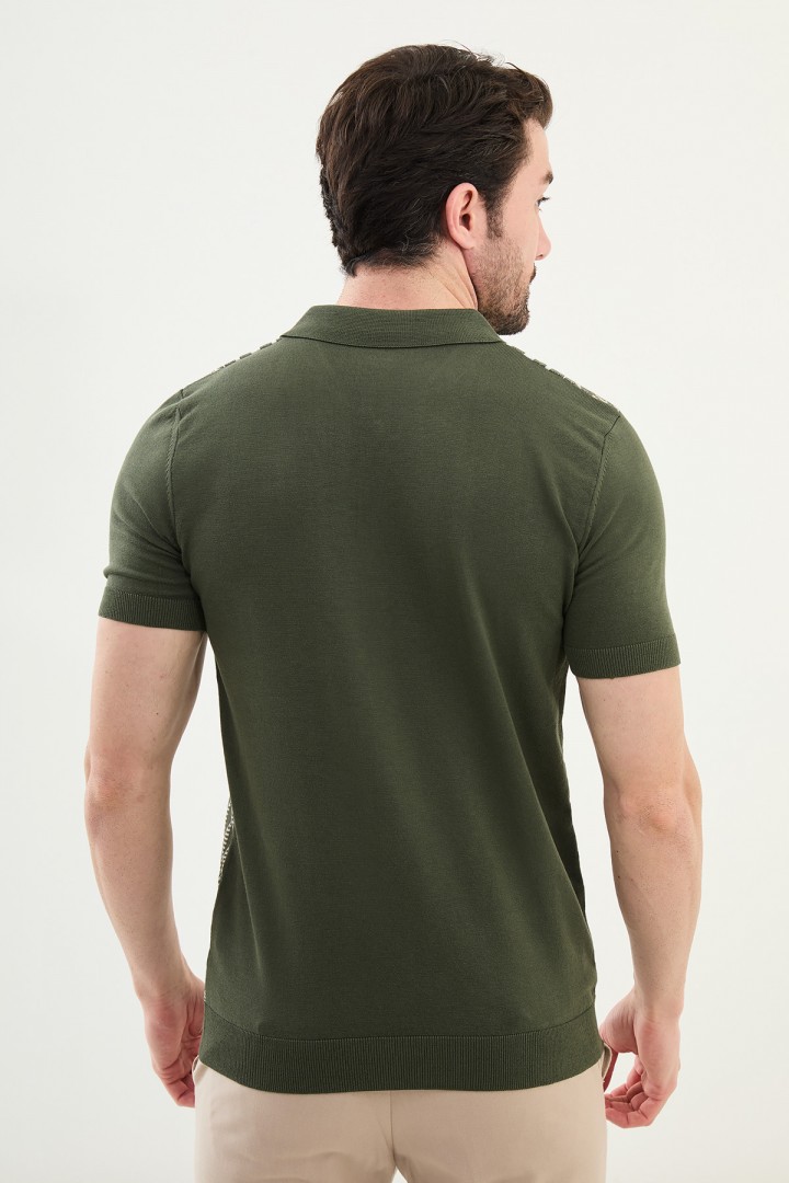 Khaki Color Figured Design Casual Zippered Knitted Men's T Shirt