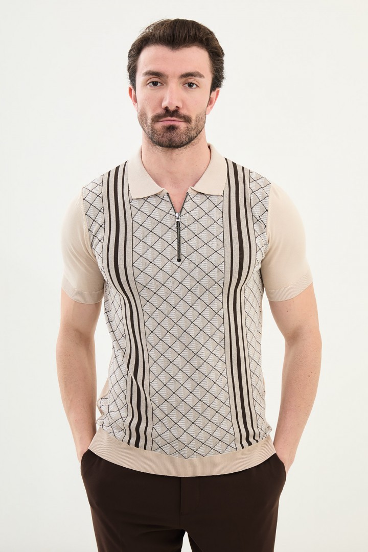 Beige Color Figured Design Casual Zippered Knitted Men's T Shirt