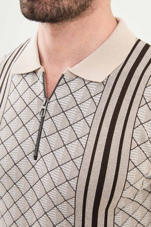 Beige Color Figured Design Casual Zippered Knitted Men's T Shirt