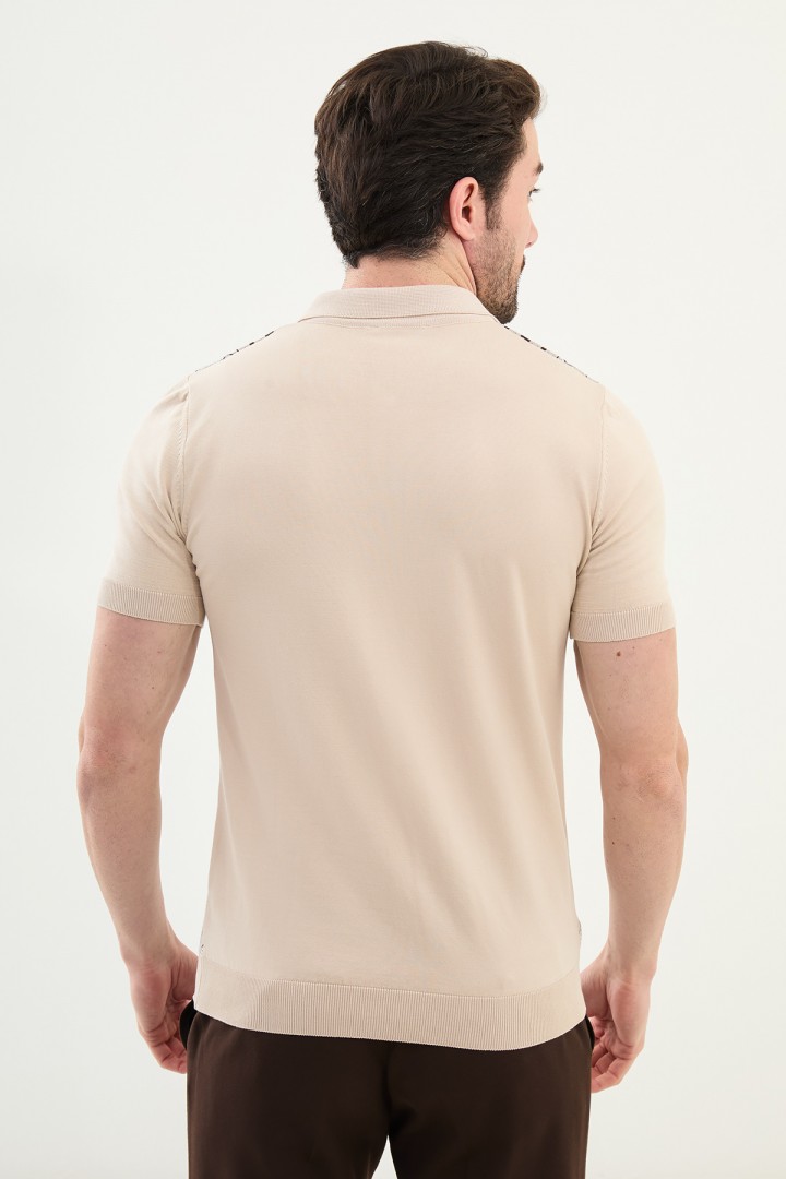 Beige Color Figured Design Casual Zippered Knitted Men's T Shirt