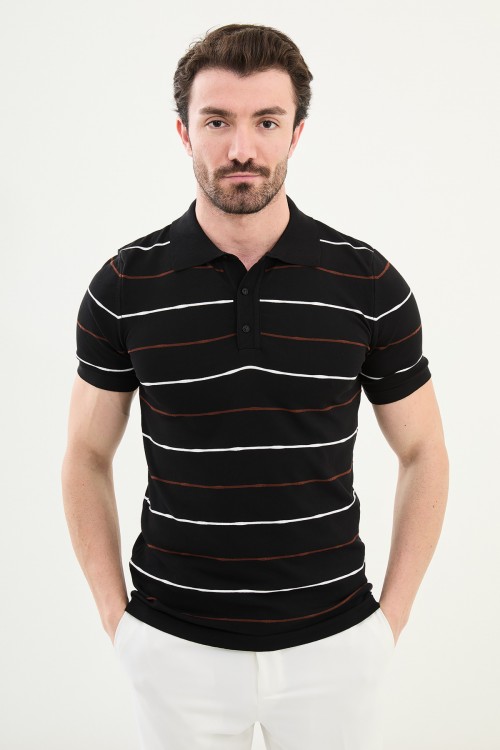 Black Color Striped Casual Men's Knit T Shirt