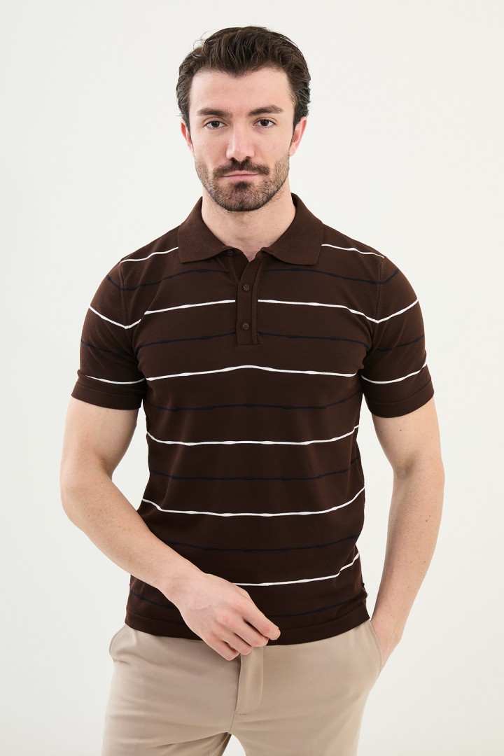 Brown Color Striped Casual Men's Knit T Shirt