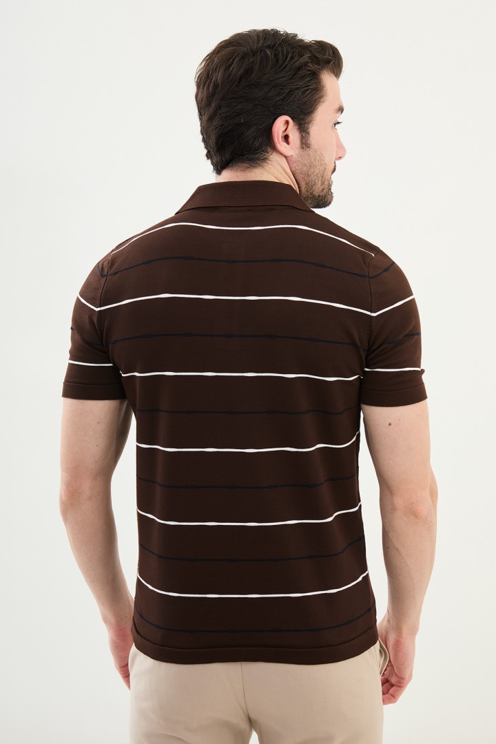 Brown Color Striped Casual Men's Knit T Shirt