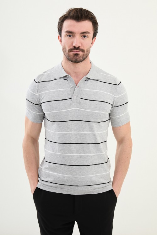 Grey Color Striped Casual Men's Knit T Shirt