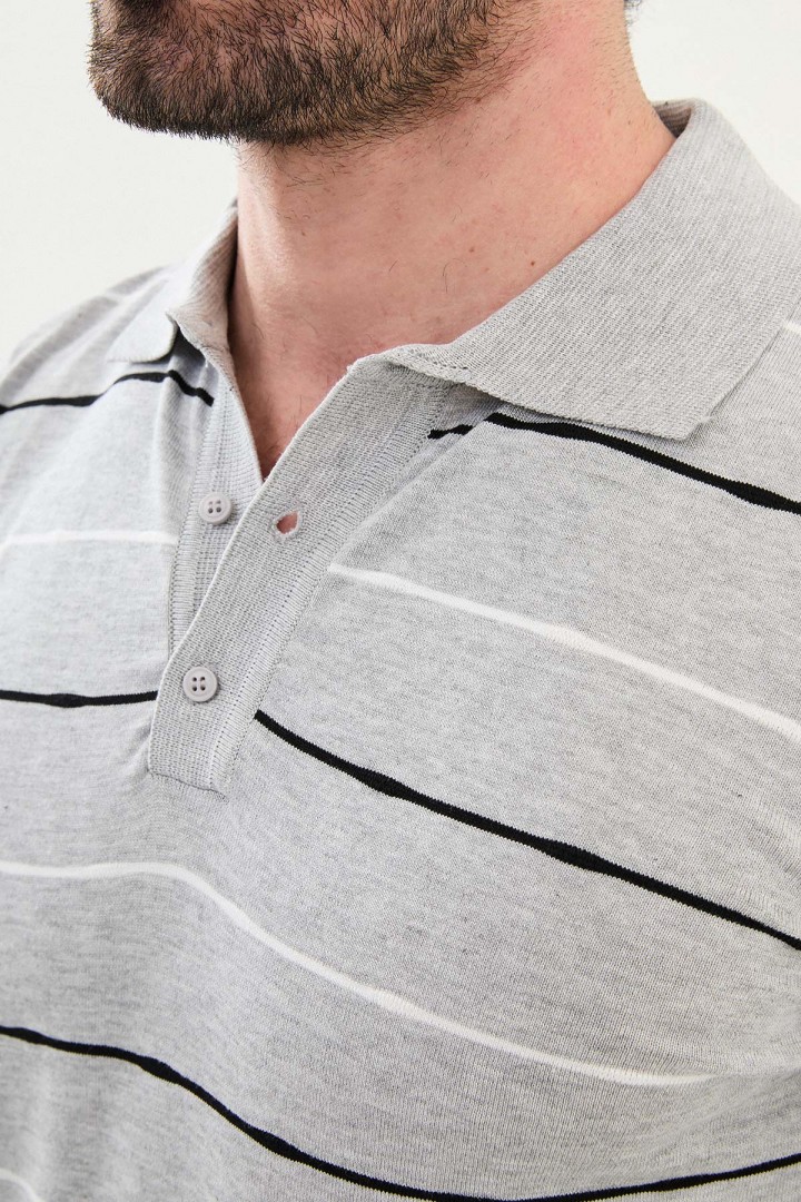 Grey Color Striped Casual Men's Knit T Shirt