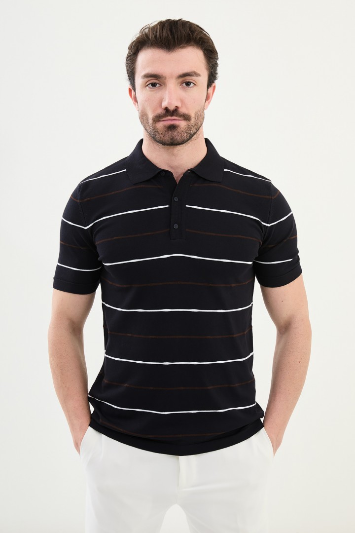Dark Blue Color Striped Casual Men's Knit T Shirt