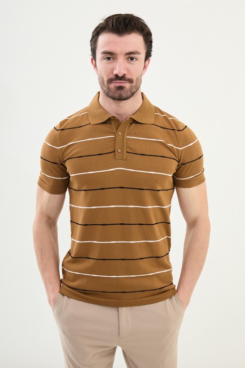 Camel Color Striped Casual Men's Knit T Shirt
