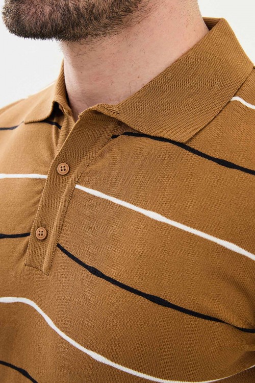 Camel Color Striped Casual Men's Knit T Shirt
