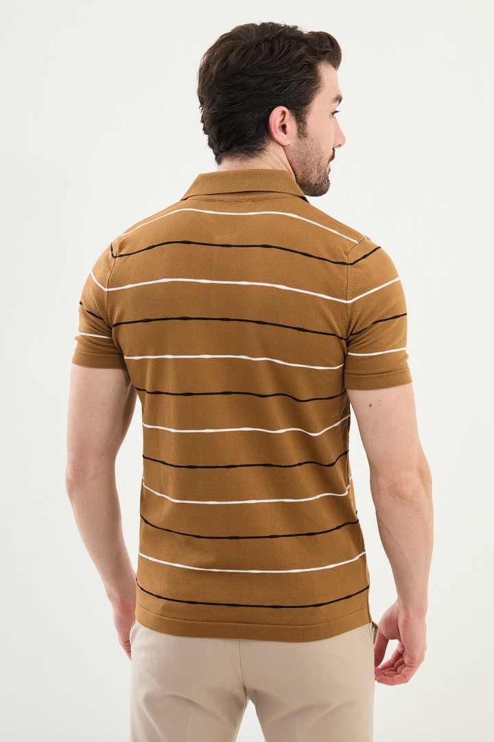 Camel Color Striped Casual Men's Knit T Shirt