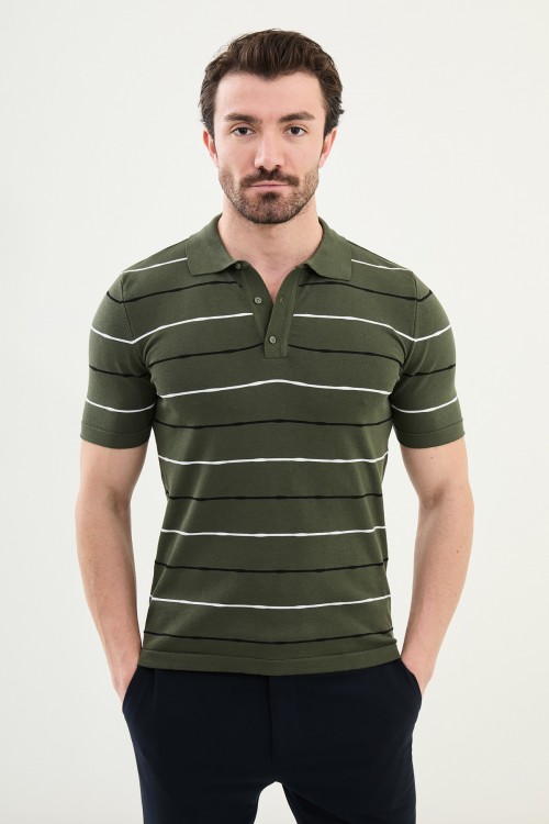 Khaki Color Striped Casual Men's Knit T Shirt