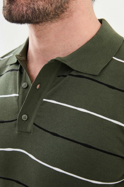 Khaki Color Striped Casual Men's Knit T Shirt