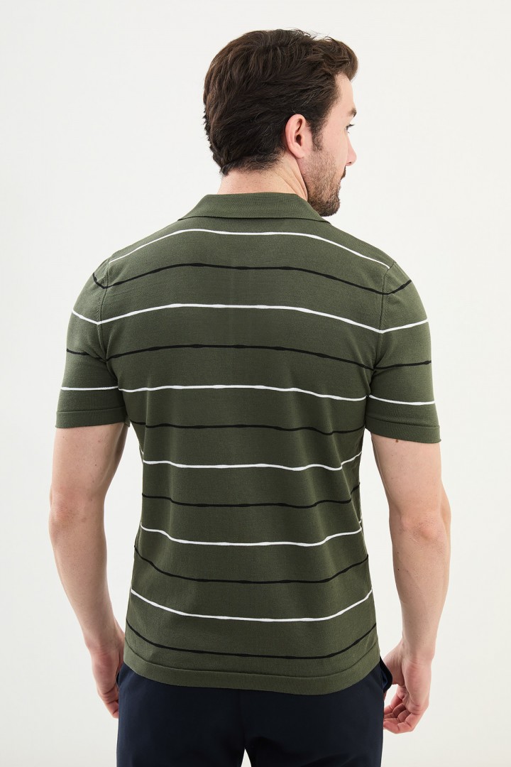 Khaki Color Striped Casual Men's Knit T Shirt