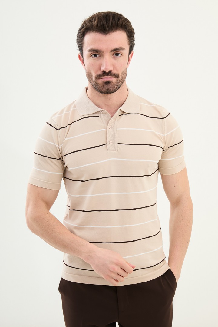 Beige Color Striped Casual Men's Knit T Shirt