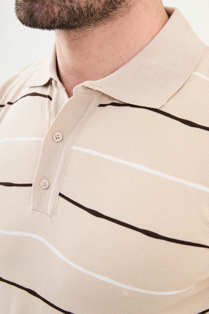 Beige Color Striped Casual Men's Knit T Shirt