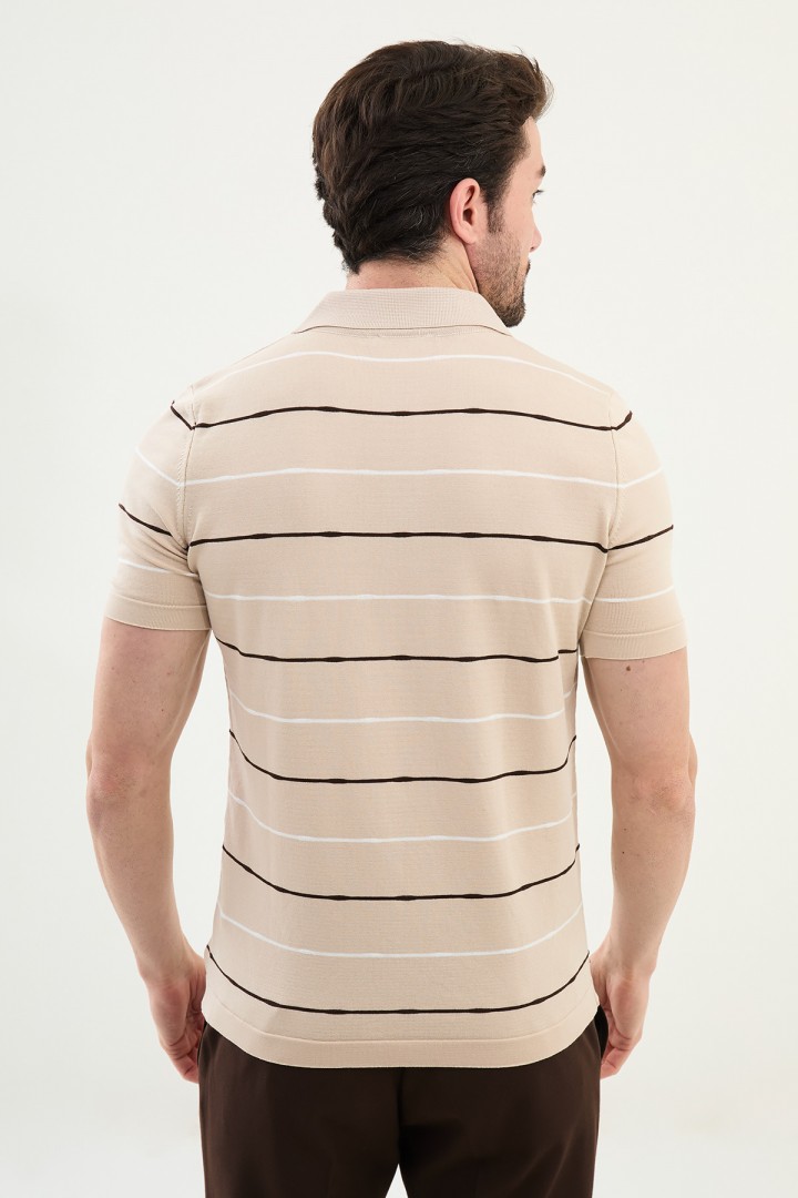 Beige Color Striped Casual Men's Knit T Shirt