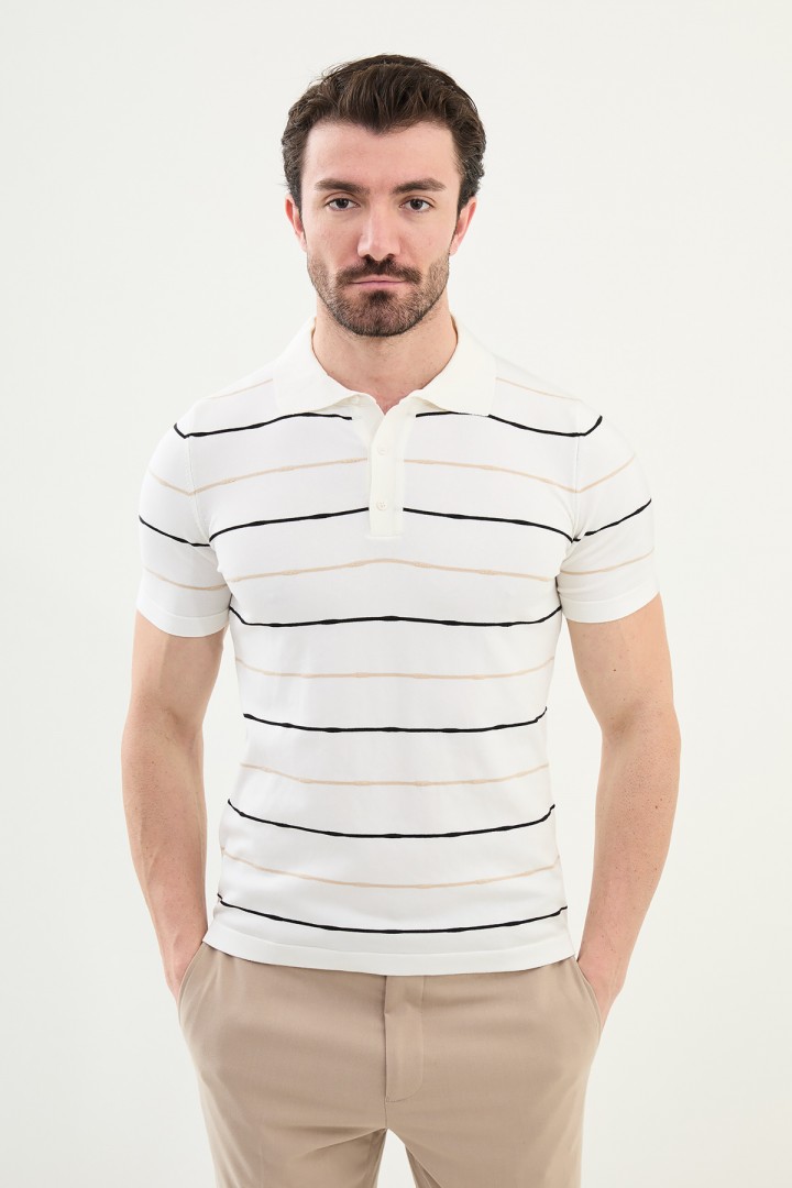 Ecru Color Striped Casual Men's Knit T Shirt