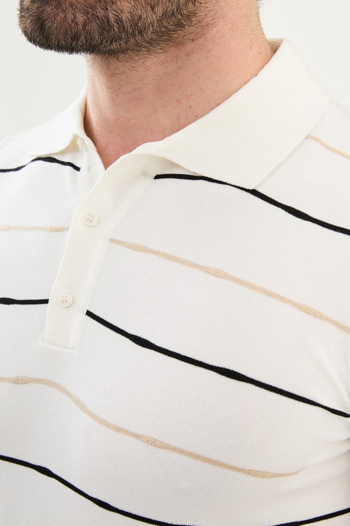 Ecru Color Striped Casual Men's Knit T Shirt