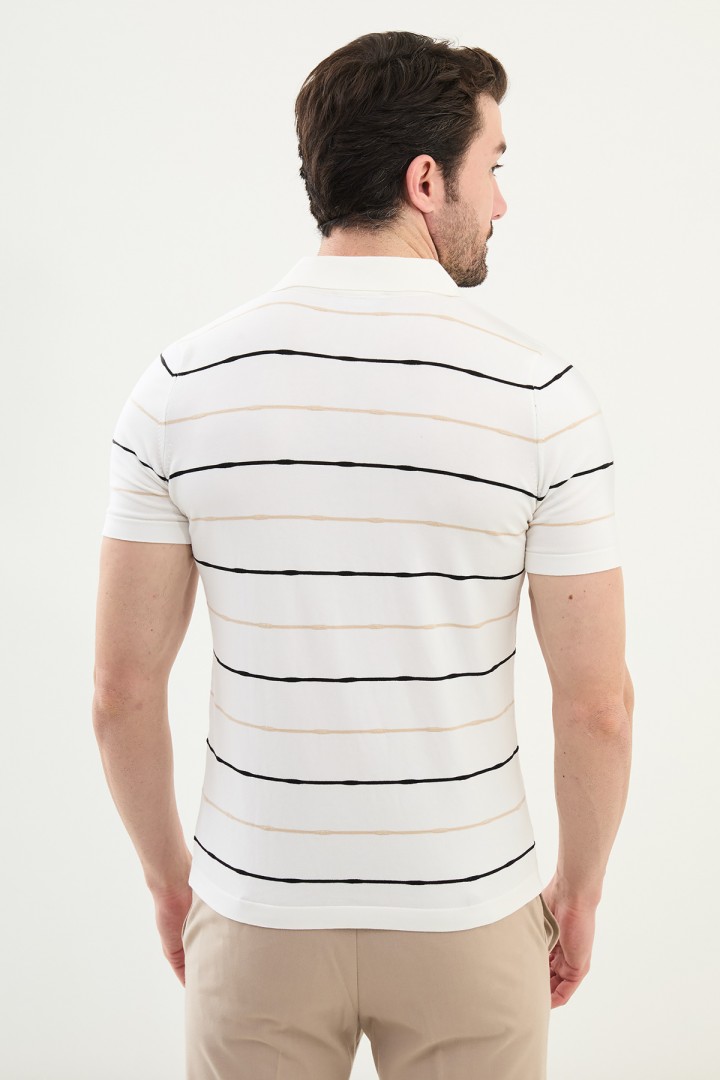 Ecru Color Striped Casual Men's Knit T Shirt